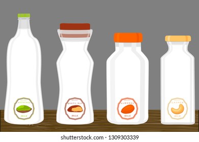 Illustration on theme big set different types chilled milk, dairy bottles various size. Milk beverage consisting of collection accessory dairy bottles to organic meal. Dairy milk from bottle off lid.
