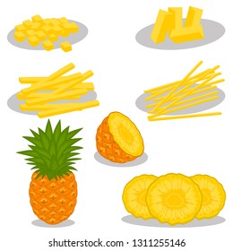 Illustration on theme big set different types pineapple, green stem, ananas various size. Pineapple pattern consisting of collection meal ananas for organic beverage. Menu pineapple is yummy ananas.