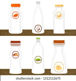 Illustration on theme big set different types chilled milk, dairy bottles various size. Milk beverage consisting of collection accessory dairy bottles to organic meal. Dairy milk from bottle off lid.