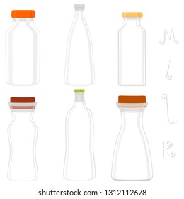 Illustration on theme big set different types chilled milk, dairy bottles various size. Milk beverage consisting of collection accessory dairy bottles to organic meal. Dairy milk from bottle off lid.