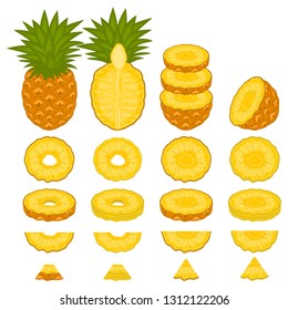 Illustration on theme big set different types pineapple, green stem, ananas various size. Pineapple pattern consisting of collection meal ananas for organic beverage. Menu pineapple is yummy ananas.