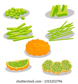 Illustration on theme big set different types african kiwano, green stem, melon various size. Kiwano pattern consisting of collection meal melon for organic beverage. Menu berry kiwano is yummy melon.