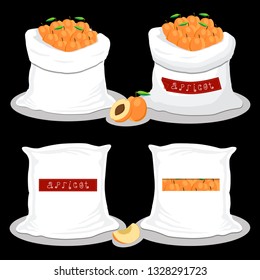 Illustration on theme big set different types round apricot, sack various size. Apricot pattern consisting of collection meal from organic eco sacks. Old sack out soft apricot for exquisite gourmet.