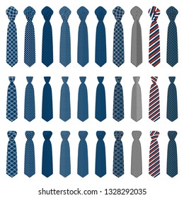 Illustration on theme big set ties different types, neckties various size. Tie pattern consisting of collection textile garments necktie for celebration vacation. Necktie tie is accessory brutal man.