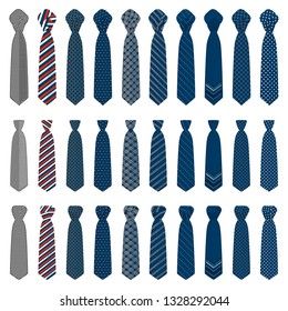 Illustration on theme big set ties different types, neckties various size. Tie pattern consisting of collection textile garments necktie for celebration vacation. Necktie tie is accessory brutal man.