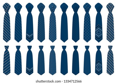 Illustration on theme big set ties different types, neckties various size. Tie pattern consisting of collection textile garments necktie for celebration vacation. Necktie tie is accessory brutal man.