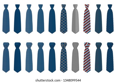 Illustration on theme big set ties different types, neckties various size. Tie pattern consisting of collection textile garments necktie for celebration vacation. Necktie tie is accessory brutal man.