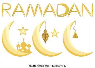 Illustration on theme big set different types moon, star to celebration holiday Ramadan. Moon pattern consisting of religious collection star Ramadan. Star moon is accessory for happy day Ramadan.