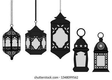 Illustration on theme big set different types lanterns, lamp to celebration holiday Ramadan. Lantern pattern consisting of religious collection lamp Ramadan. Lamp lantern is accessory for day Ramadan.