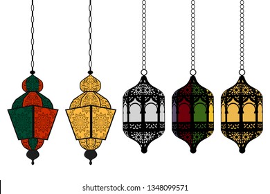 Illustration on theme big set different types lanterns, lamp to celebration holiday Ramadan. Lantern pattern consisting of religious collection lamp Ramadan. Lamp lantern is accessory for day Ramadan.