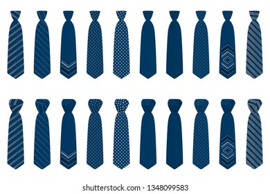 Illustration on theme big set ties different types, neckties various size. Tie pattern consisting of collection textile garments necktie for celebration vacation. Necktie tie is accessory brutal man.