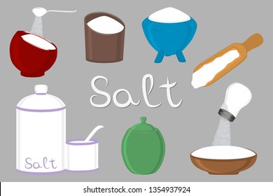 Illustration on theme big set different types filled salty salt, colored bowl various size. Salty salt pattern consisting of collection bowl for organic cooking. Eco salty salt in bowls for menu cafe.