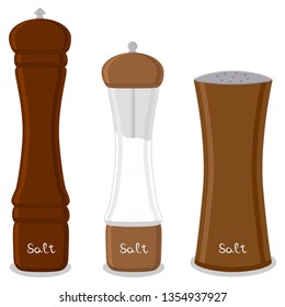 Illustration on theme big set different types glassware filled salt, shaker various size. Salt pattern consisting of collection glassware shaker for organic cooking. Salt in glassware shaker for menu.