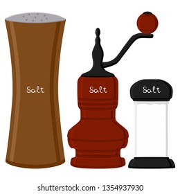 Illustration on theme big set different types glassware filled salt, mill various size. Salt pattern consisting of collection glassware mill for organic cooking. Salt in glassware mill for menu cafe.
