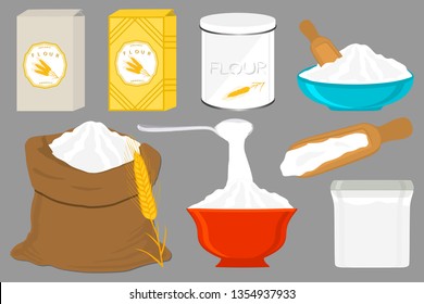 Illustration on theme big set different types dishware filled wheat flour. Wheat flour pattern consisting of collection dishware for organic cooking. Tasty wheat flour in eco dishware for menu gourmet