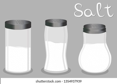 Illustration on theme big set different types glassware filled salt, shaker various size. Salt pattern consisting of collection glassware shaker for organic cooking. Salt in glassware shaker for menu.