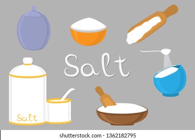 Illustration on theme big set different types filled salty salt, colored bowl various size. Salty salt pattern consisting of collection bowl for organic cooking. Eco salty salt in bowls for menu cafe.