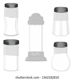 Illustration on theme big set different types glassware filled salt, shaker various size. Salt pattern consisting of collection glassware shaker for organic cooking. Salt in glassware shaker for menu.