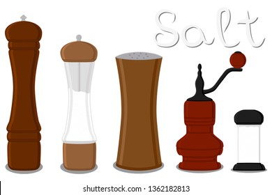 Illustration on theme big set different types glassware filled salt, mill various size. Salt pattern consisting of collection glassware mill for organic cooking. Salt in glassware mill for menu cafe.