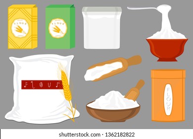Illustration on theme big set different types dishware filled wheat flour. Wheat flour pattern consisting of collection dishware for organic cooking. Tasty wheat flour in eco dishware for menu gourmet