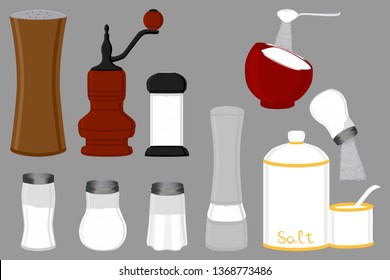 Illustration on theme big set different types glassware filled salt, mill various size. Salt pattern consisting of collection glassware mill for organic cooking. Salt in glassware mill for menu cafe.