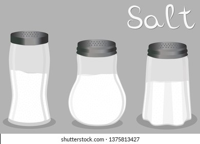 Illustration on theme big set different types glassware filled salt, shaker various size. Salt pattern consisting of collection glassware shaker for organic cooking. Salt in glassware shaker for menu.