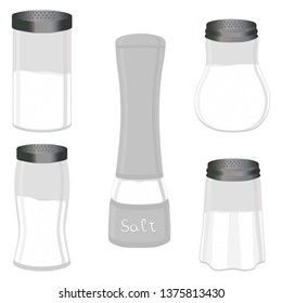 Illustration on theme big set different types glassware filled salt, shaker various size. Salt pattern consisting of collection glassware shaker for organic cooking. Salt in glassware shaker for menu.
