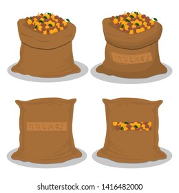 Illustration on theme big set different types spice nutmeg, sack various size. Nutmeg pattern consisting of collection spice meal from organic sacks. Old sack out spice nutmeg for exquisite gourmet.