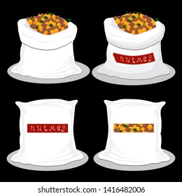 Illustration on theme big set different types spice nutmeg, sack various size. Nutmeg pattern consisting of collection spice meal from organic sacks. Old sack out spice nutmeg for exquisite gourmet.