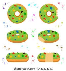 Illustration on theme big set different types sticky donuts, sweet doughnuts various size, donut pattern consisting of collection organic doughnuts from sticky pastry, sticky donuts is yummy doughnuts