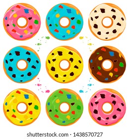 Illustration on theme big set different types sticky donuts, sweet doughnuts various size, donut pattern consisting of collection organic doughnuts from sticky pastry, sticky donuts is yummy doughnuts