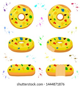 Illustration on theme big set different types sticky donuts, sweet doughnuts various size, donut pattern consisting of collection organic doughnuts from sticky pastry, sticky donuts is yummy doughnuts