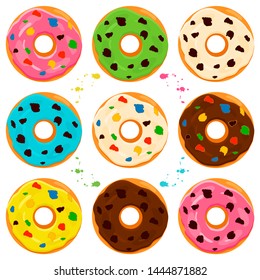 Illustration on theme big set different types sticky donuts, sweet doughnuts various size, donut pattern consisting of collection organic doughnuts from sticky pastry, sticky donuts is yummy doughnuts