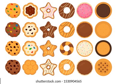 Illustration on theme big set different biscuit, kit colorful pastry cookie. Cookie consisting of collectible natural tasty food biscuit, pastry accessory. Eat fresh pastry biscuit from sweet cookie.