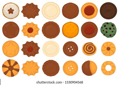 Illustration on theme big set different biscuit, kit colorful pastry cookie. Cookie consisting of collectible natural tasty food biscuit, pastry accessory. Eat fresh pastry biscuit from sweet cookie.