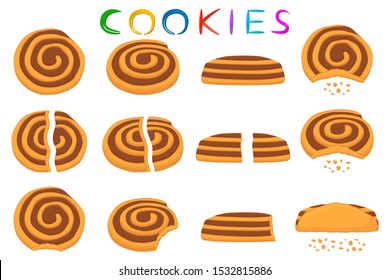 Illustration on theme big set different biscuit, kit colorful pastry cookie. Cookie consisting of collectible natural tasty food biscuit, pastry accessory. Eat fresh pastry biscuit from sweet cookie.