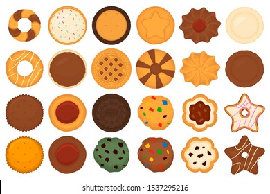 Illustration on theme big set different biscuit, kit colorful pastry cookie. Cookie consisting of collectible natural tasty food biscuit, pastry accessory. Eat fresh pastry biscuit from sweet cookie.