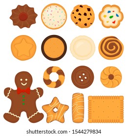 Illustration on theme big set different biscuit, kit colorful pastry cookie. Cookie consisting of collectible natural tasty food biscuit, pastry accessory. Eat fresh pastry biscuit from sweet cookie.