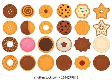 Illustration on theme big set different biscuit, kit colorful pastry cookie. Cookie consisting of collectible natural tasty food biscuit, pastry accessory. Eat fresh pastry biscuit from sweet cookie.
