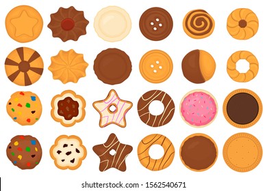 Illustration on theme big set different biscuit, kit colorful pastry cookie. Cookie consisting of collectible natural tasty food biscuit, pastry accessory. Eat fresh pastry biscuit from sweet cookie.