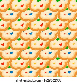 Illustration on theme big set identical biscuit, kit colorful pastry cookie. Cookie consisting of collectible natural tasty food biscuit, pastry accessory. Eat fresh pastry biscuit from same cookie.