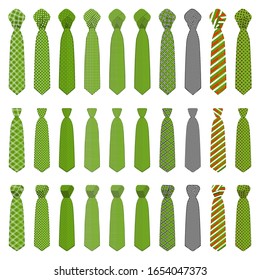 Ilustración sobre el gran conjunto de temas se une a diferentes tipos, neckties de diferentes tamaños. Patrón de amarre que consiste en ropa de colección textil necktie para las vacaciones de celebración. La corbata de corbata es un hombre brutal accesorio.