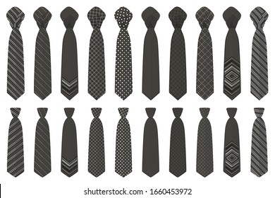Illustration on theme big set ties different types, neckties various size. Tie pattern consisting of collection textile garments necktie for celebration vacation. Necktie tie is accessory brutal man.