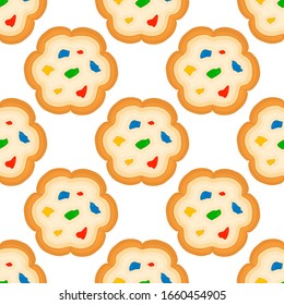 Illustration zum Thema große Set identische Kekse, Kit bunten Gebäck Cookie. Keks bestehend aus Sammelkost, Naturkuchen, Gebäck-Accessoire. Iss frisches Gebäck aus demselben Keks.