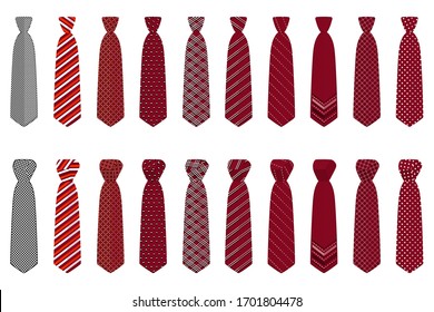 Illustration on theme big set ties different types, neckties various size. Tie pattern consisting of collection textile garments necktie for celebration vacation. Necktie tie is accessory brutal man.