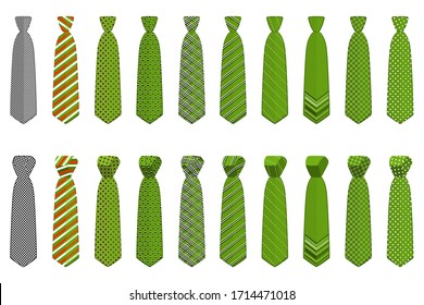 Ilustración sobre el gran conjunto de temas se une a diferentes tipos, neckties de diferentes tamaños. Patrón de amarre que consiste en ropa de colección textil necktie para las vacaciones de celebración. La corbata de corbata es un hombre brutal accesorio.