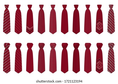 Illustration on theme big set ties different types, neckties various size. Tie pattern consisting of collection textile garments necktie for celebration vacation. Necktie tie is accessory brutal man.