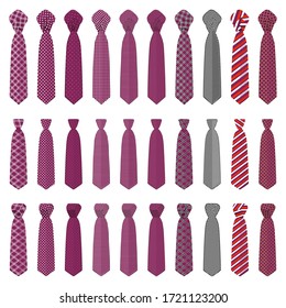 Illustration on theme big set ties different types, neckties various size. Tie pattern consisting of collection textile garments necktie for celebration vacation. Necktie tie is accessory brutal man.