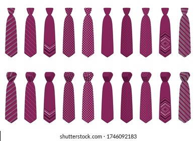 Illustration on theme big set ties different types, neckties various size. Tie pattern consisting of collection textile garments necktie for celebration vacation. Necktie tie is accessory brutal man.