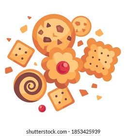 Illustration zum Thema große Set verschiedene Kekse, Kit bunten Gebäck Cookie. Keks bestehend aus Sammelkost, Naturkuchen, Gebäck-Accessoire. Iss frisches Gebäck aus süßem Keks.